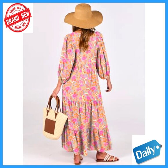 Boho Maxi Dress Flowy Swing V Neck Puff Sleeve Floral Print Casual Elegant - Picture 5 of 7